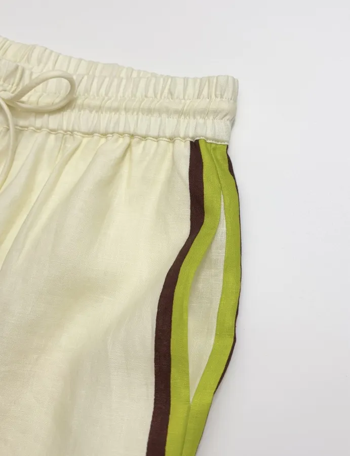 Printed Off-White Wide-Leg Pants | Elastic Waist Retro Resort Casual Long Pants in Ivory, product view 12