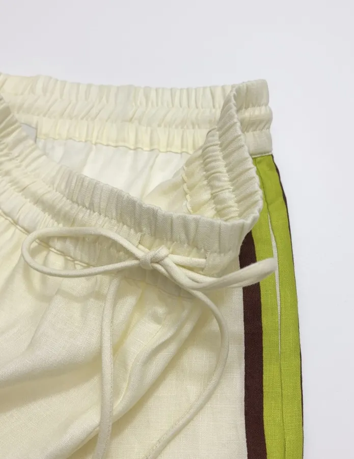 Printed Off-White Wide-Leg Pants | Elastic Waist Retro Resort Casual Long Pants in Ivory, product view 13