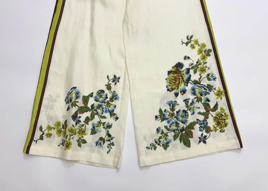 Printed Off-White Wide-Leg Pants | Elastic Waist Retro Resort Casual Long Pants in Ivory, product view 16