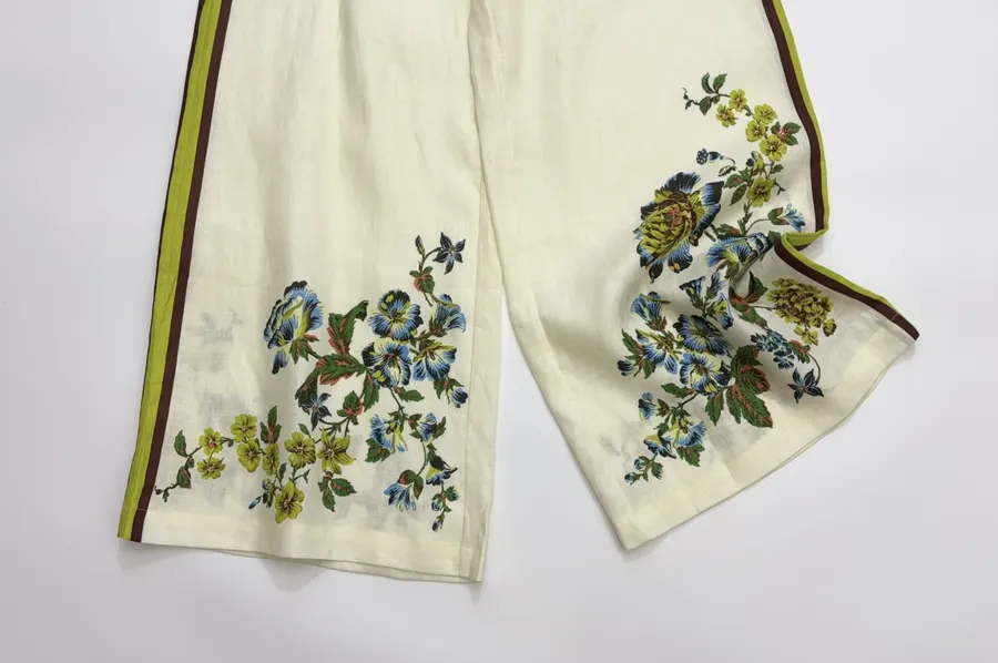 Printed Off-White Wide-Leg Pants | Elastic Waist Retro Resort Casual Long Pants in Ivory, product view 17