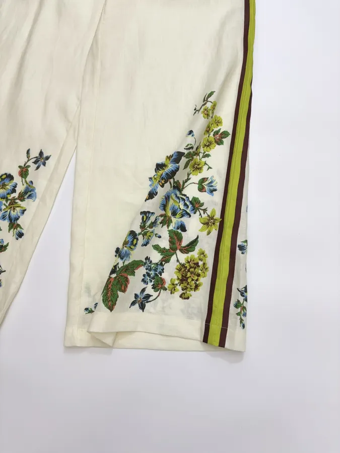 Printed Off-White Wide-Leg Pants | Elastic Waist Retro Resort Casual Long Pants in Ivory, product view 18