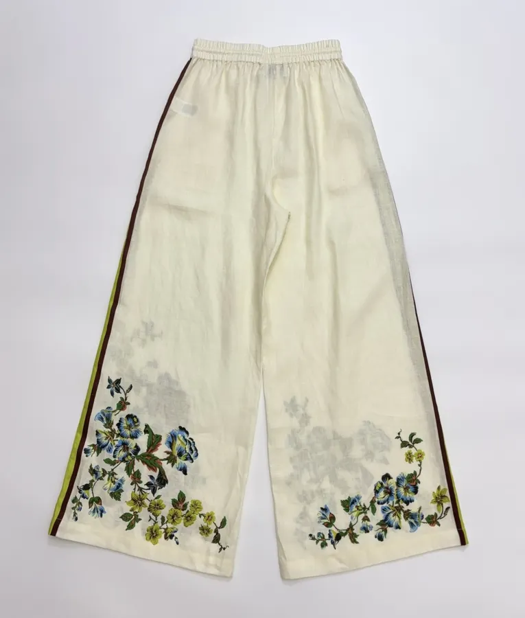 Printed Off-White Wide-Leg Pants | Elastic Waist Retro Resort Casual Long Pants in Ivory, product view 23