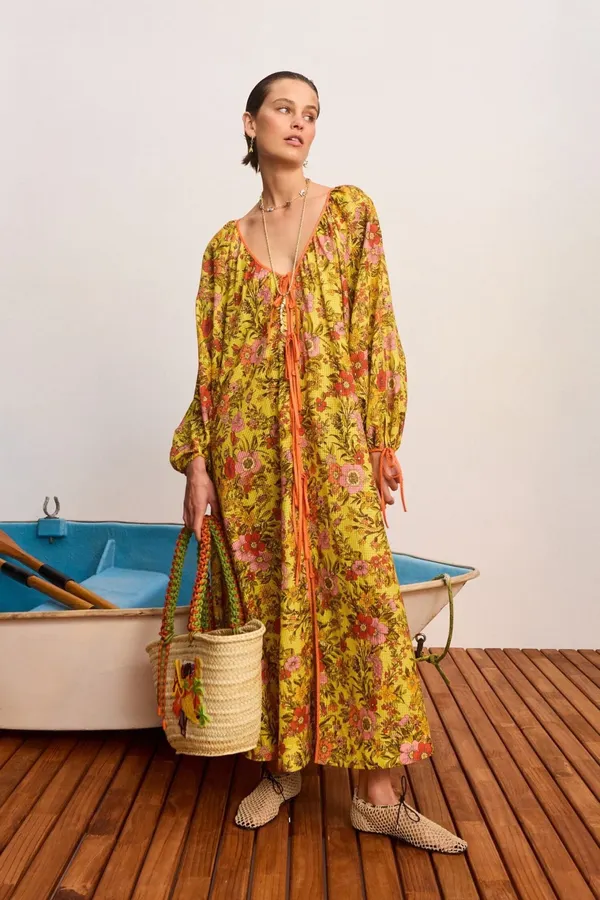 Printed V-Neck Lace-Up Lantern Sleeve Loose Swing Holiday Maxi Dress in Yellow Multicolor, product view 01