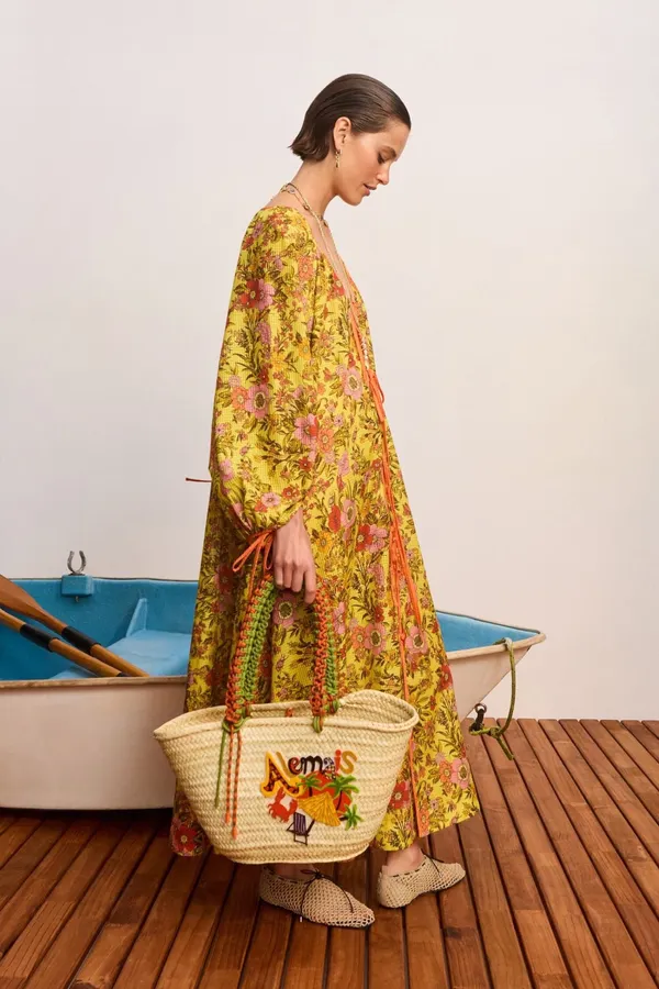 Printed V-Neck Lace-Up Lantern Sleeve Loose Swing Holiday Maxi Dress in Yellow Multicolor, product view 02