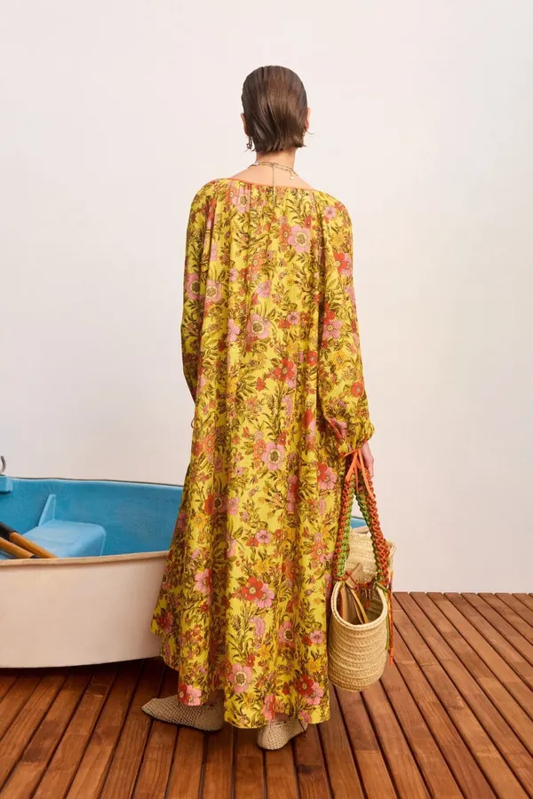Printed V-Neck Lace-Up Lantern Sleeve Loose Swing Holiday Maxi Dress in Yellow Multicolor, product view 03