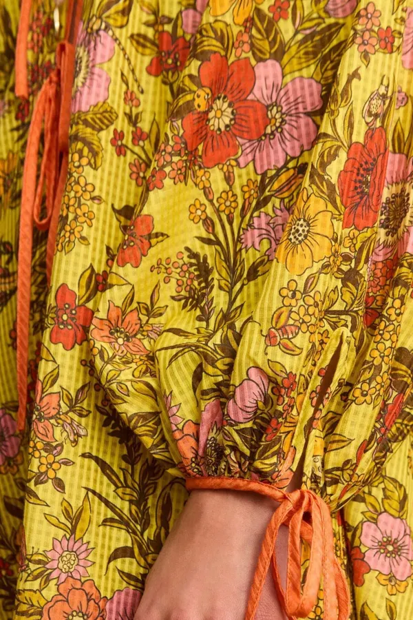 Printed V-Neck Lace-Up Lantern Sleeve Loose Swing Holiday Maxi Dress in Yellow Multicolor, product view 04