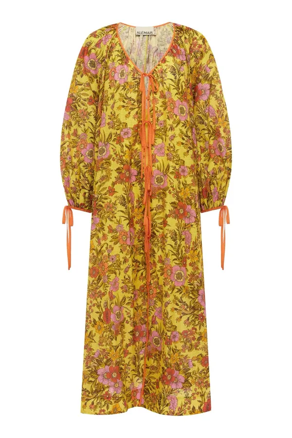 Printed V-Neck Lace-Up Lantern Sleeve Loose Swing Holiday Maxi Dress in Yellow Multicolor, product view 05
