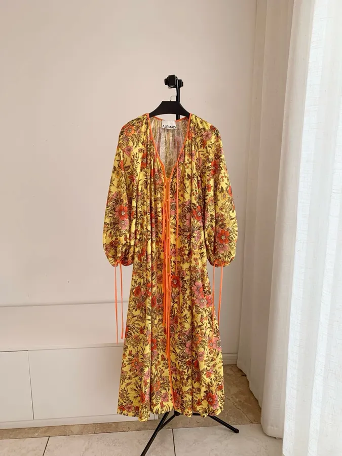 Printed V-Neck Lace-Up Lantern Sleeve Loose Swing Holiday Maxi Dress in Yellow Multicolor, product view 06