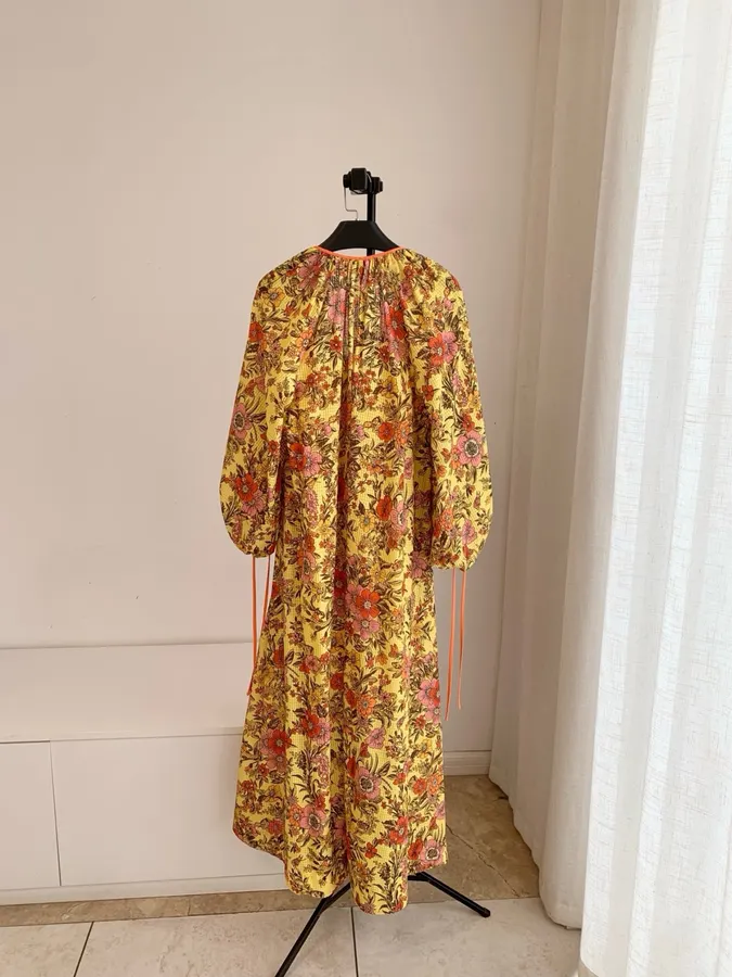 Printed V-Neck Lace-Up Lantern Sleeve Loose Swing Holiday Maxi Dress in Yellow Multicolor, product view 07