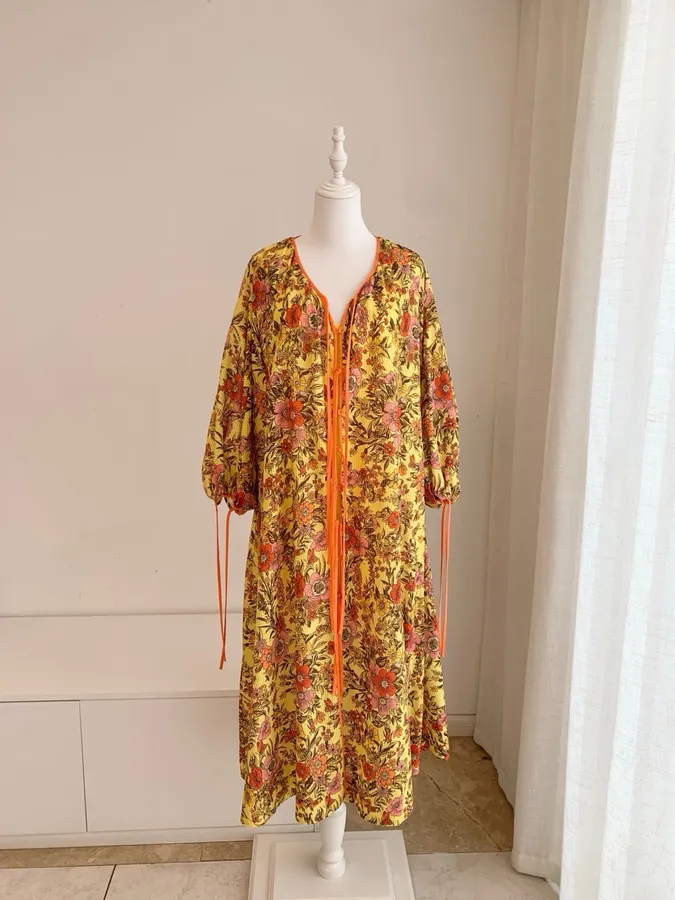 Printed V-Neck Lace-Up Lantern Sleeve Loose Swing Holiday Maxi Dress in Yellow Multicolor, product view 08
