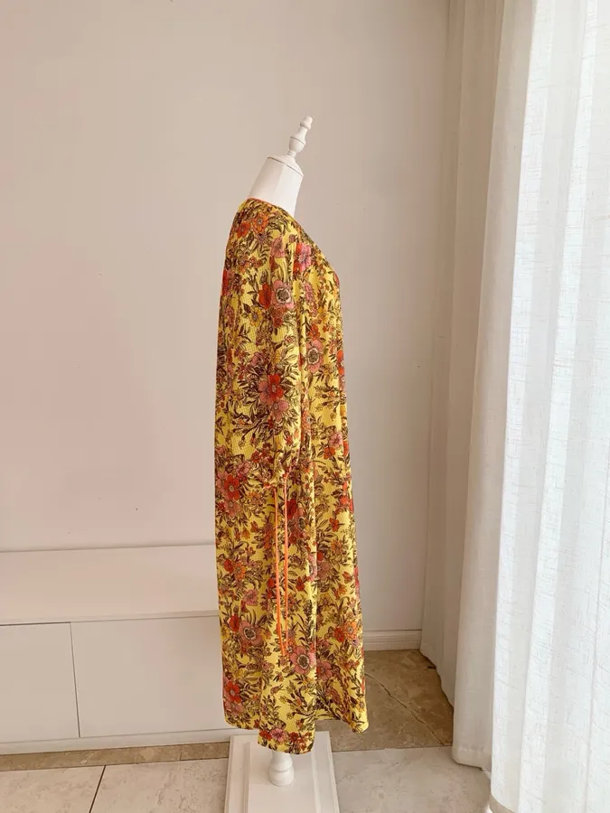 Printed V-Neck Lace-Up Lantern Sleeve Loose Swing Holiday Maxi Dress in Yellow Multicolor, product view 09