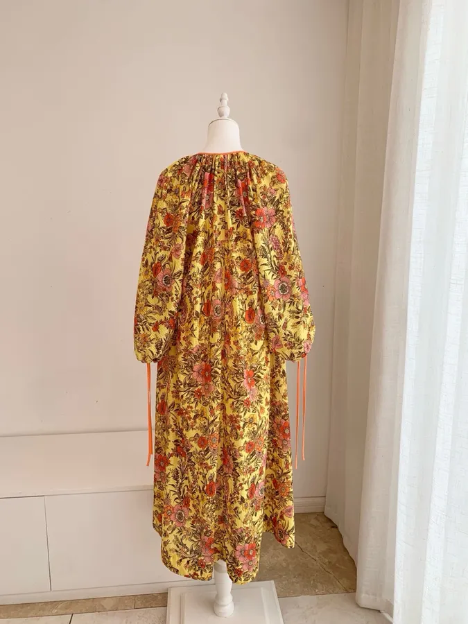 Printed V-Neck Lace-Up Lantern Sleeve Loose Swing Holiday Maxi Dress in Yellow Multicolor, product view 10