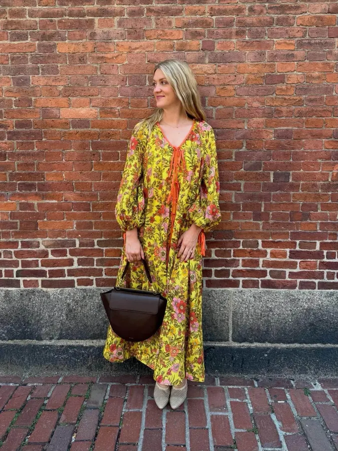 Printed V-Neck Lace-Up Lantern Sleeve Loose Swing Holiday Maxi Dress in Yellow Multicolor, product view 12