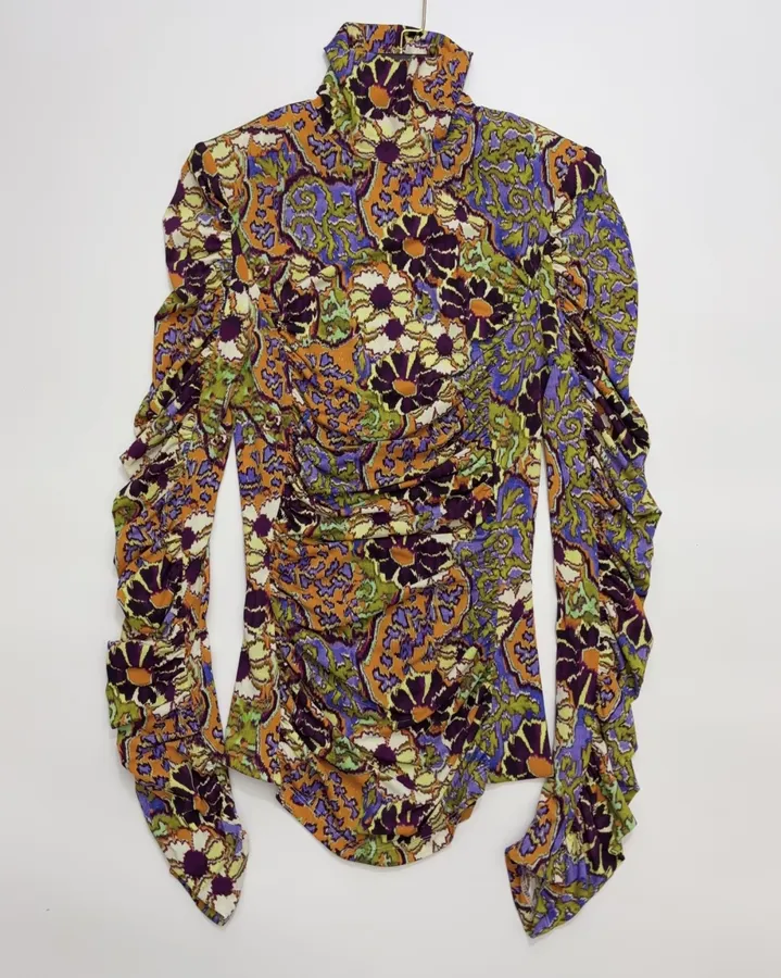 Paisley Mock-Neck Ruched Fitted Top in Purple, product view 01