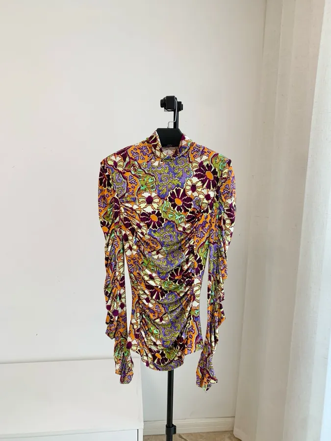 Paisley Mock-Neck Ruched Fitted Top in Purple, product view 02
