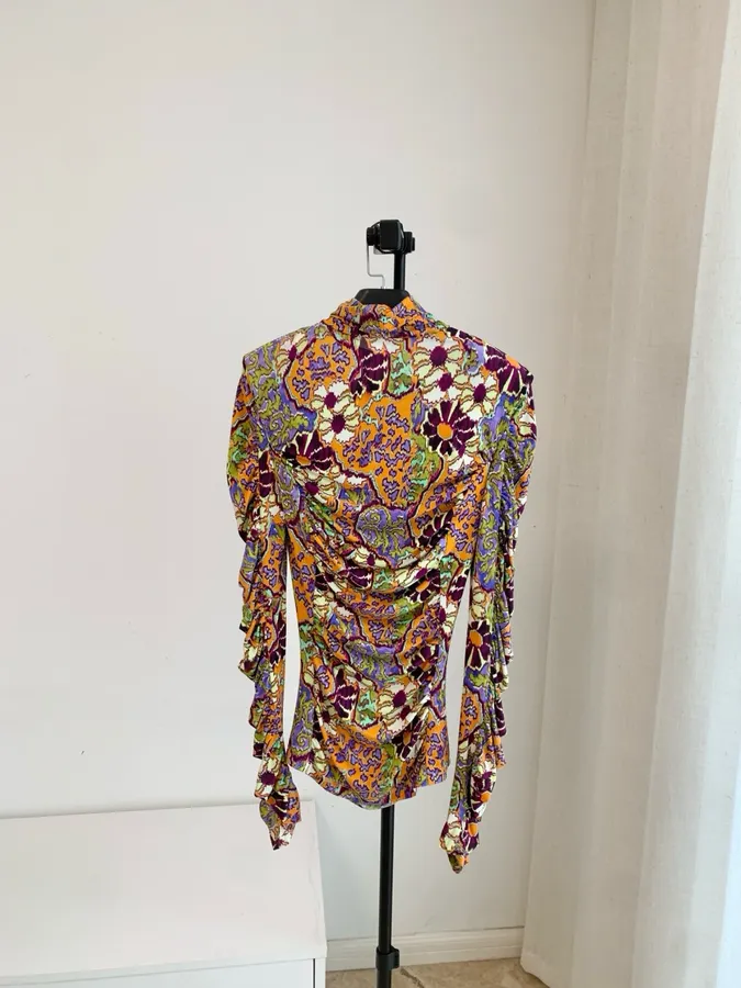 Paisley Mock-Neck Ruched Fitted Top in Purple, product view 03