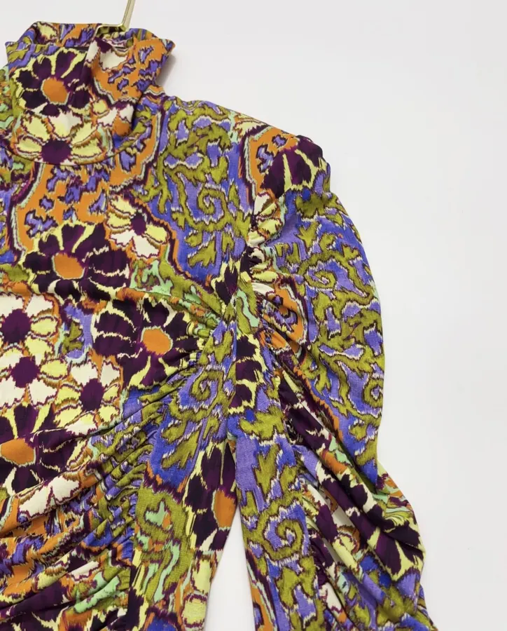 Paisley Mock-Neck Ruched Fitted Top in Purple, product view 10