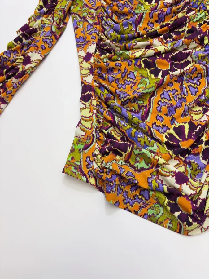 Paisley Mock-Neck Ruched Fitted Top in Purple, product view 16