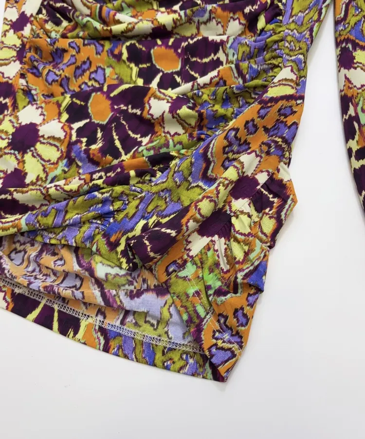 Paisley Mock-Neck Ruched Fitted Top in Purple, product view 18
