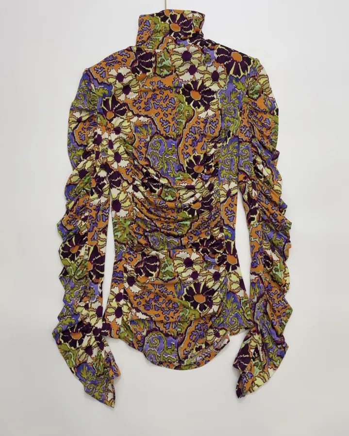 Paisley Mock-Neck Ruched Fitted Top in Purple, product view 19