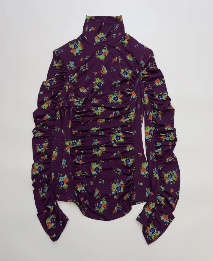 Purple Floral Mock-Neck Fitted Long-Sleeve Top in Purple, product view 01