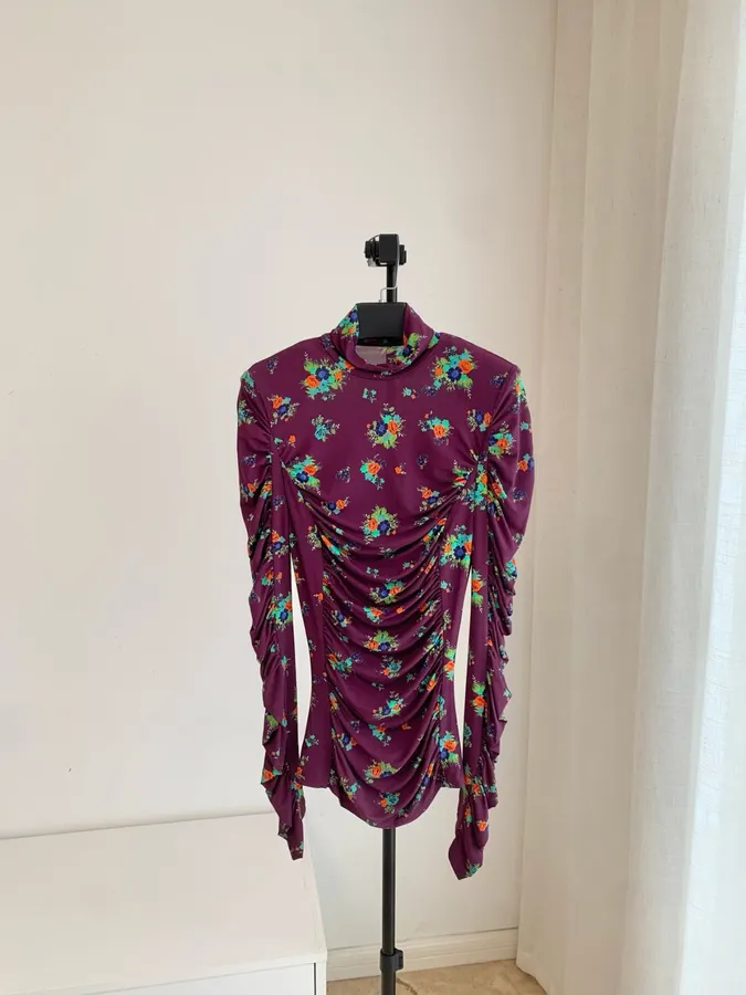 Purple Floral Mock-Neck Fitted Long-Sleeve Top in Purple, product view 02