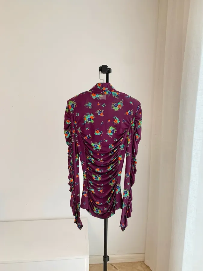 Purple Floral Mock-Neck Fitted Long-Sleeve Top in Purple, product view 03