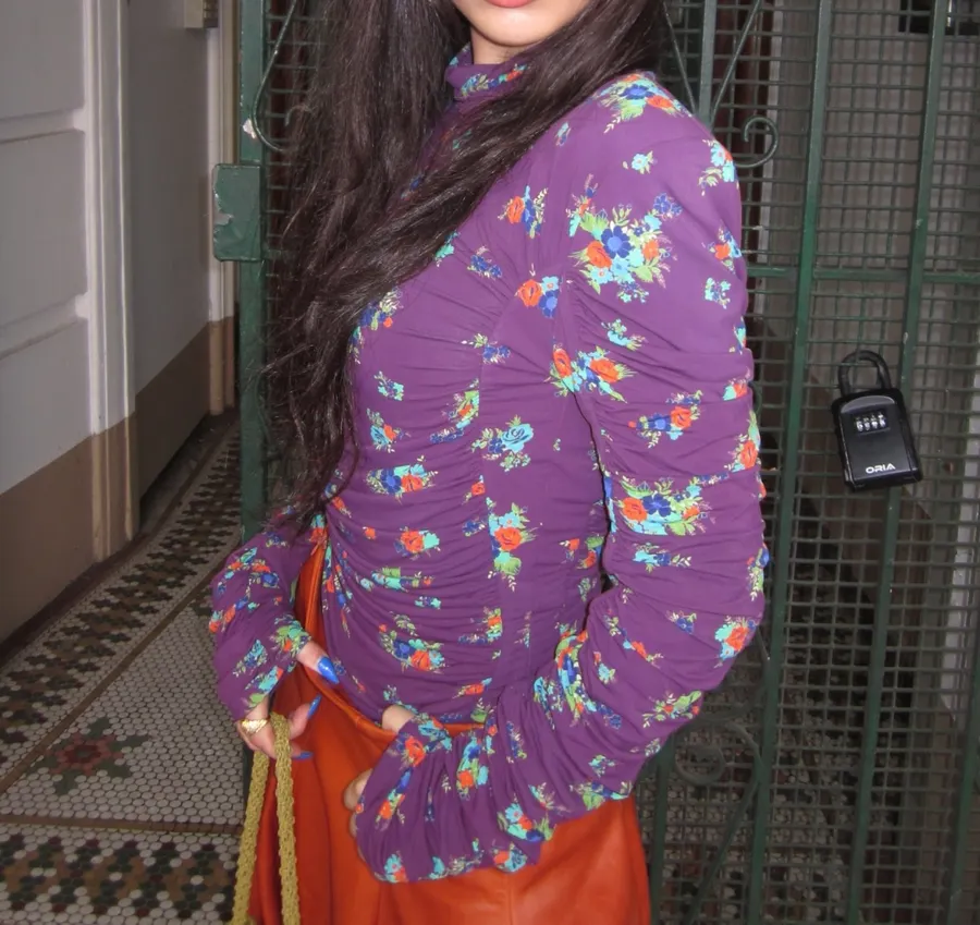 Purple Floral Mock-Neck Fitted Long-Sleeve Top in Purple, product view 06