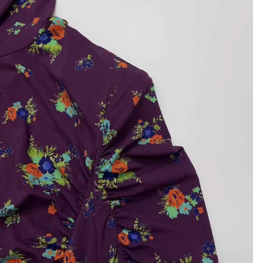 Purple Floral Mock-Neck Fitted Long-Sleeve Top in Purple, product view 12