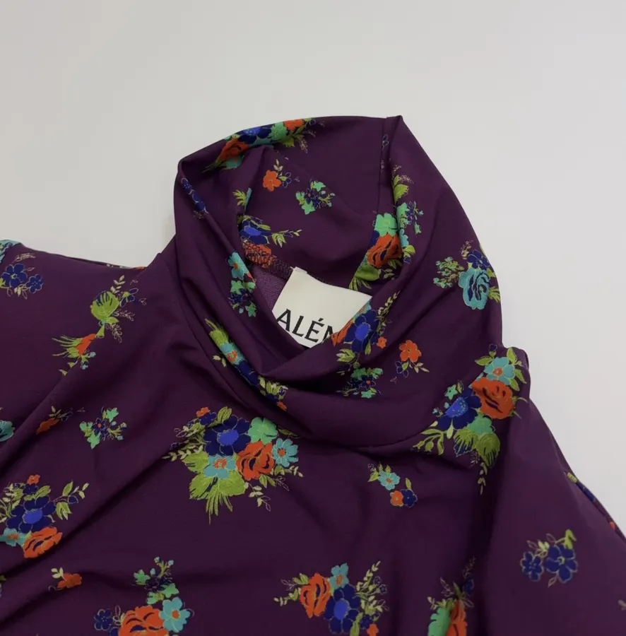 Purple Floral Mock-Neck Fitted Long-Sleeve Top in Purple, product view 13