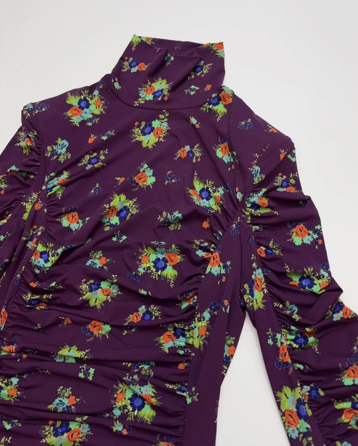 Purple Floral Mock-Neck Fitted Long-Sleeve Top in Purple, product view 14