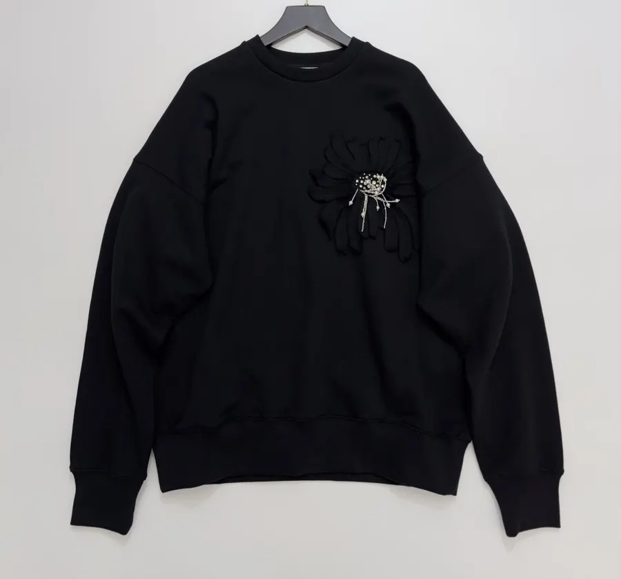 Beaded Flower Petal Applique Design Loose Sweatshirt in Black, product view 01