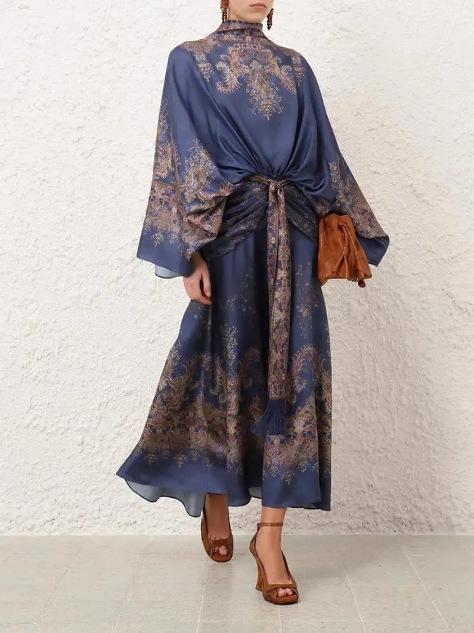 Printed Batwing Sleeve Gown Long Dress in Navy, product view