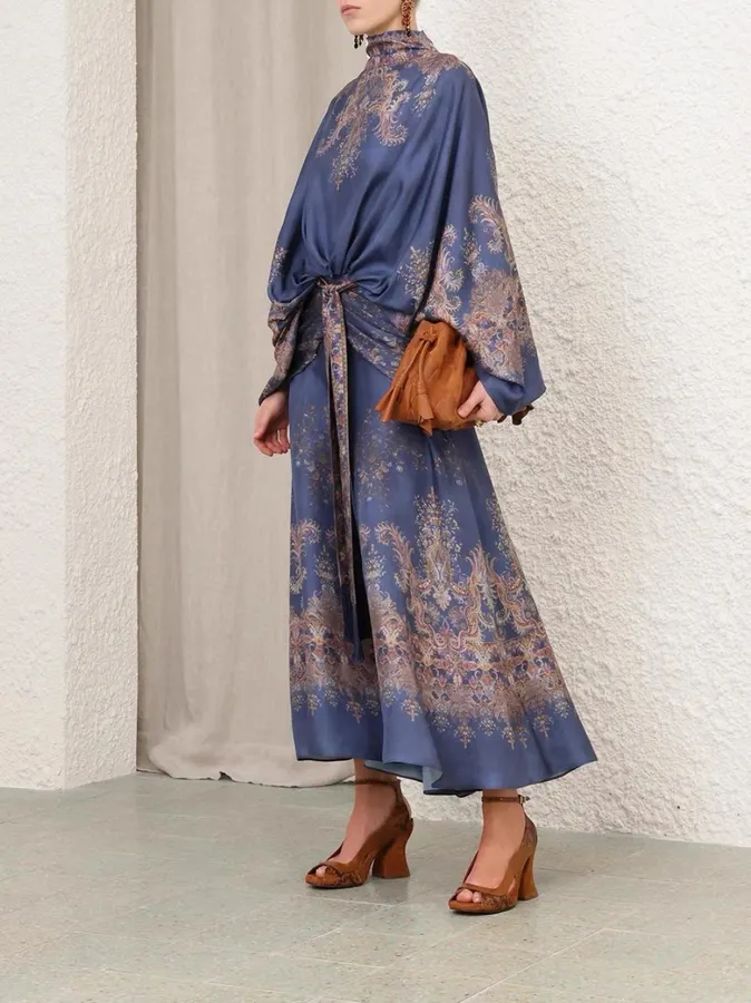 Printed Batwing Sleeve Gown Long Dress in Navy, product view 02