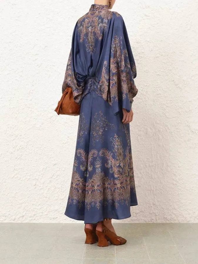 Printed Batwing Sleeve Gown Long Dress in Navy, product view 03