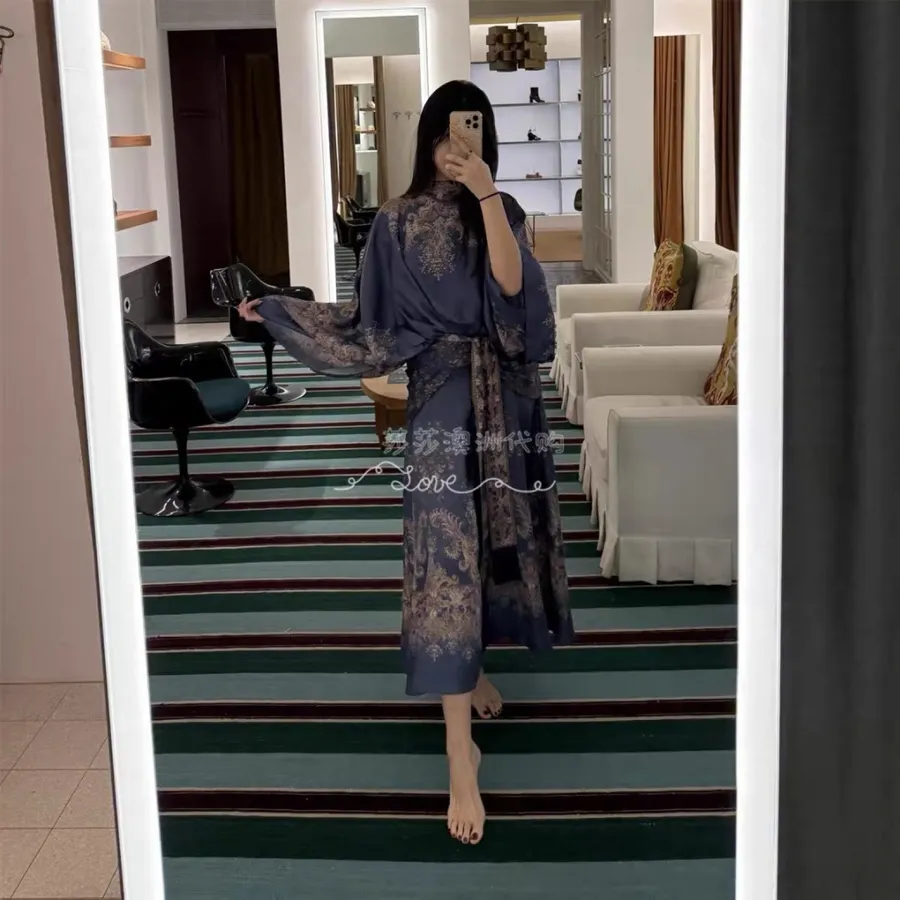 Printed Batwing Sleeve Gown Long Dress in Navy, product view 04