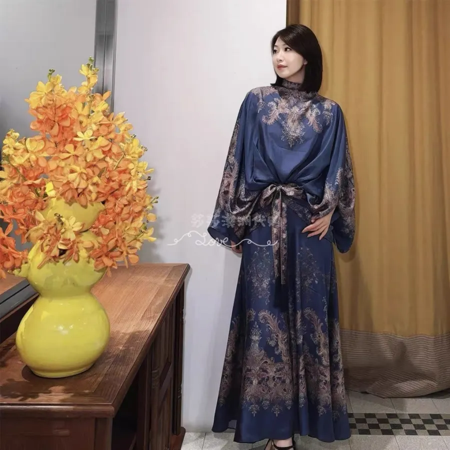 Printed Batwing Sleeve Gown Long Dress in Navy, product view 05