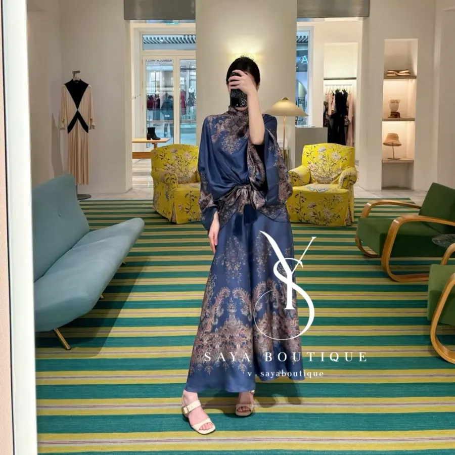 Printed Batwing Sleeve Gown Long Dress in Navy, product view 06