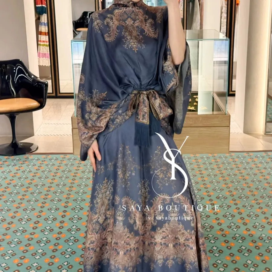 Printed Batwing Sleeve Gown Long Dress in Navy, product view 07