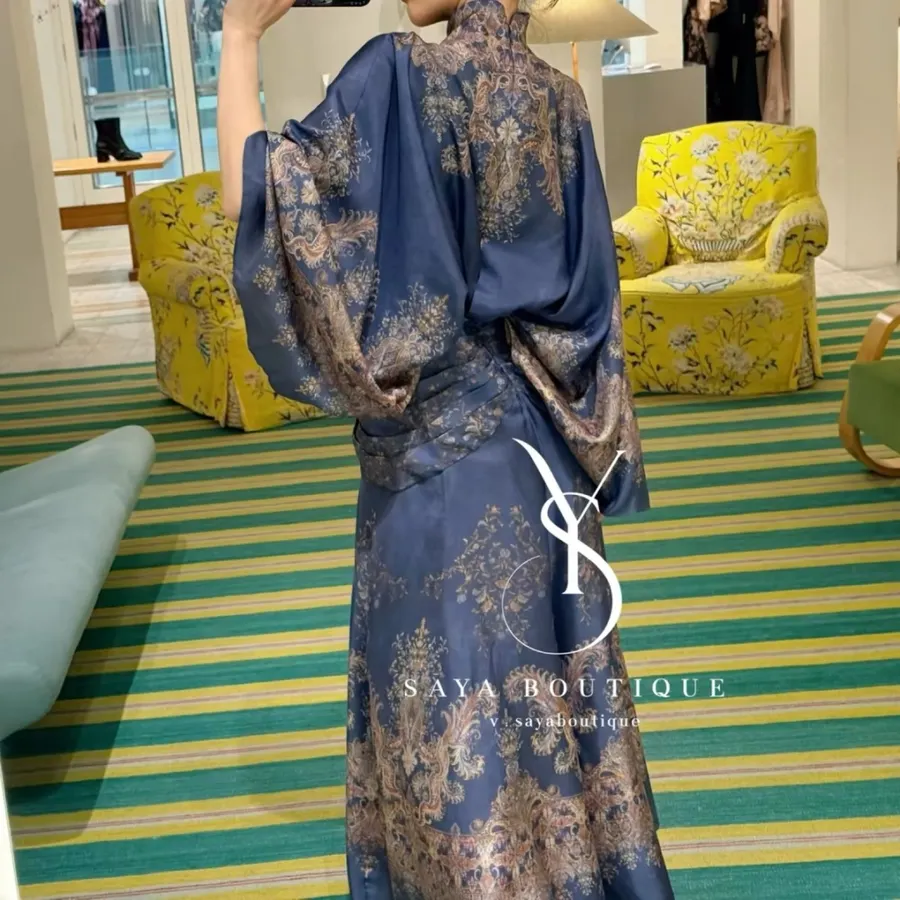 Printed Batwing Sleeve Gown Long Dress in Navy, product view 08