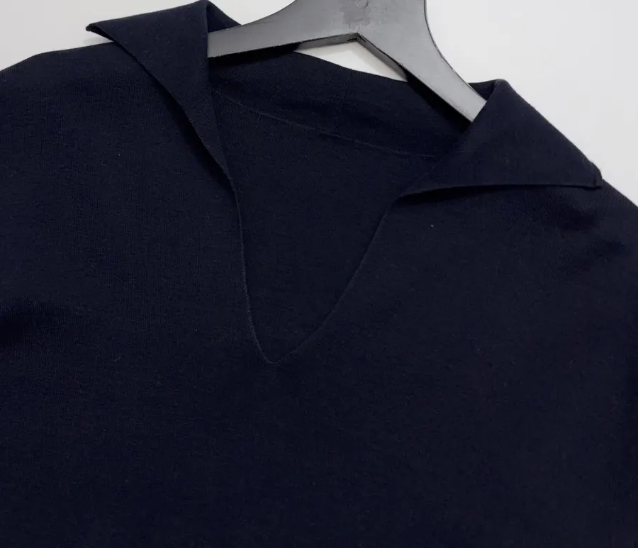 Classic Collar Long-Sleeve Real Silk Cotton Thin Knit V-Neck Long-Sleeve Top in Navy, product view 04
