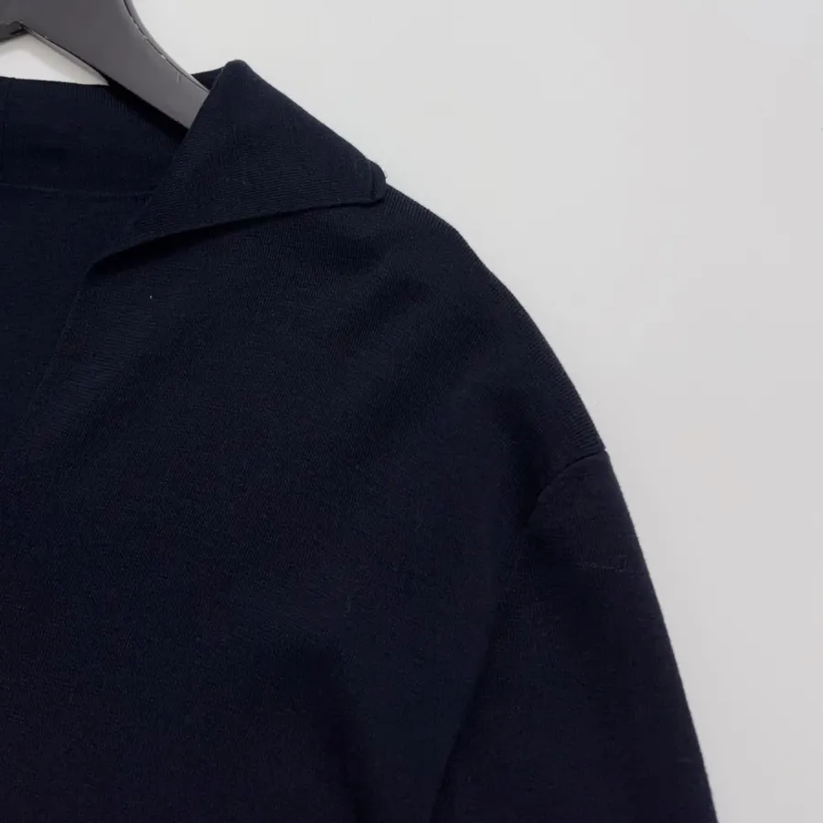 Classic Collar Long-Sleeve Real Silk Cotton Thin Knit V-Neck Long-Sleeve Top in Navy, product view 05