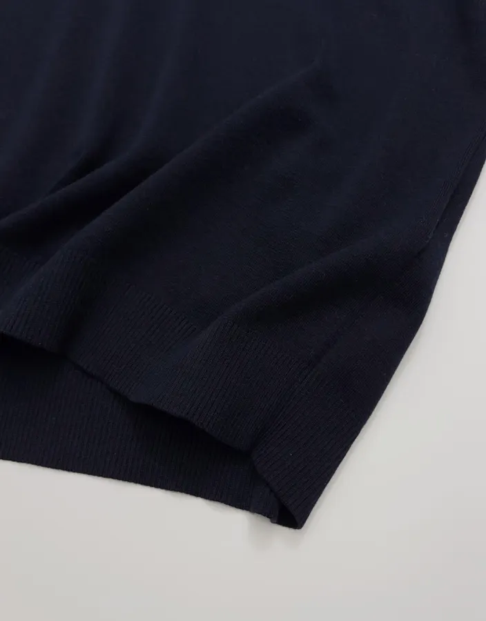 Classic Collar Long-Sleeve Real Silk Cotton Thin Knit V-Neck Long-Sleeve Top in Navy, product view 12