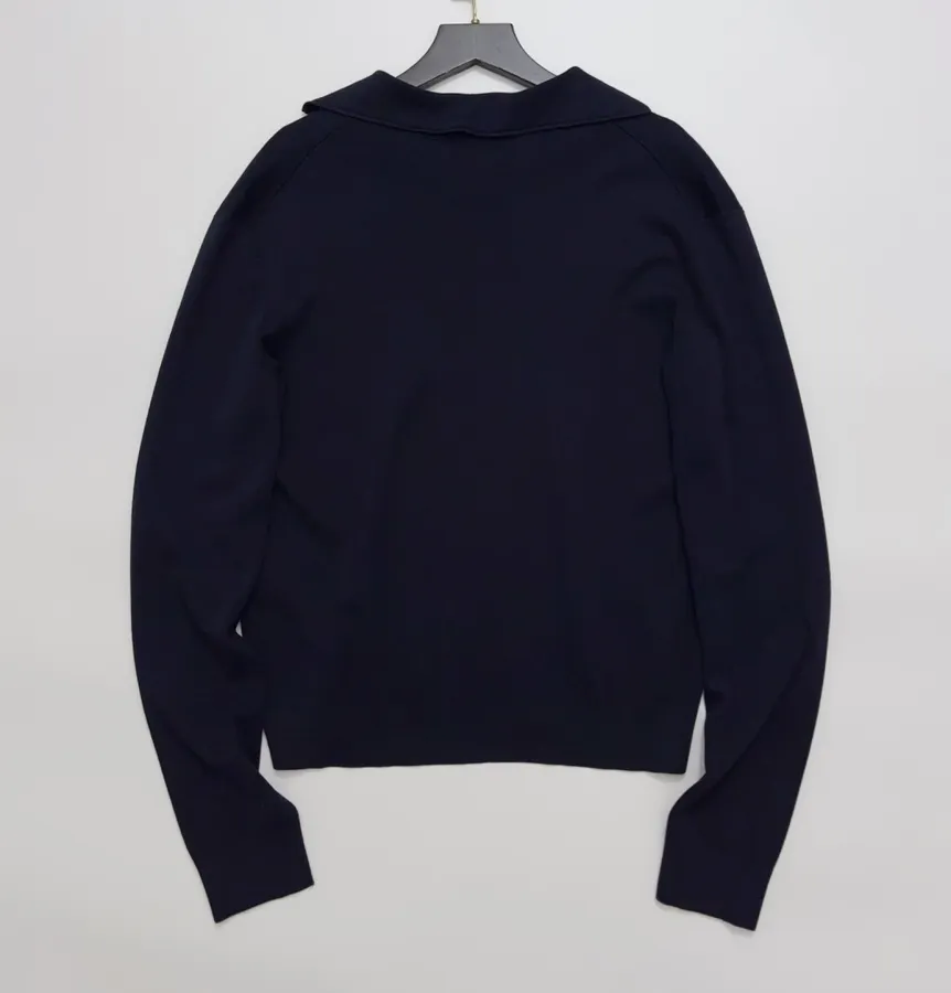 Classic Collar Long-Sleeve Real Silk Cotton Thin Knit V-Neck Long-Sleeve Top in Navy, product view 13