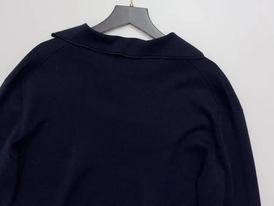Classic Collar Long-Sleeve Real Silk Cotton Thin Knit V-Neck Long-Sleeve Top in Navy, product view 14