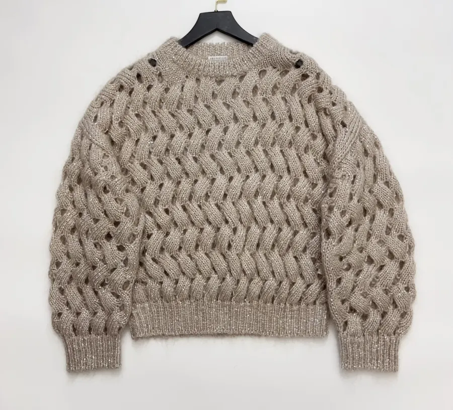 Mohair-Blend Zigzag Knit Sweater in Taupe, product view 01
