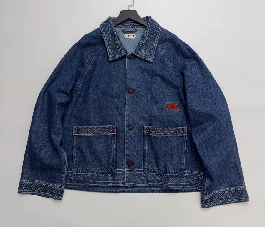 Embroidered Washed Relaxed Denim Jacket in Denim Blue, product view 01