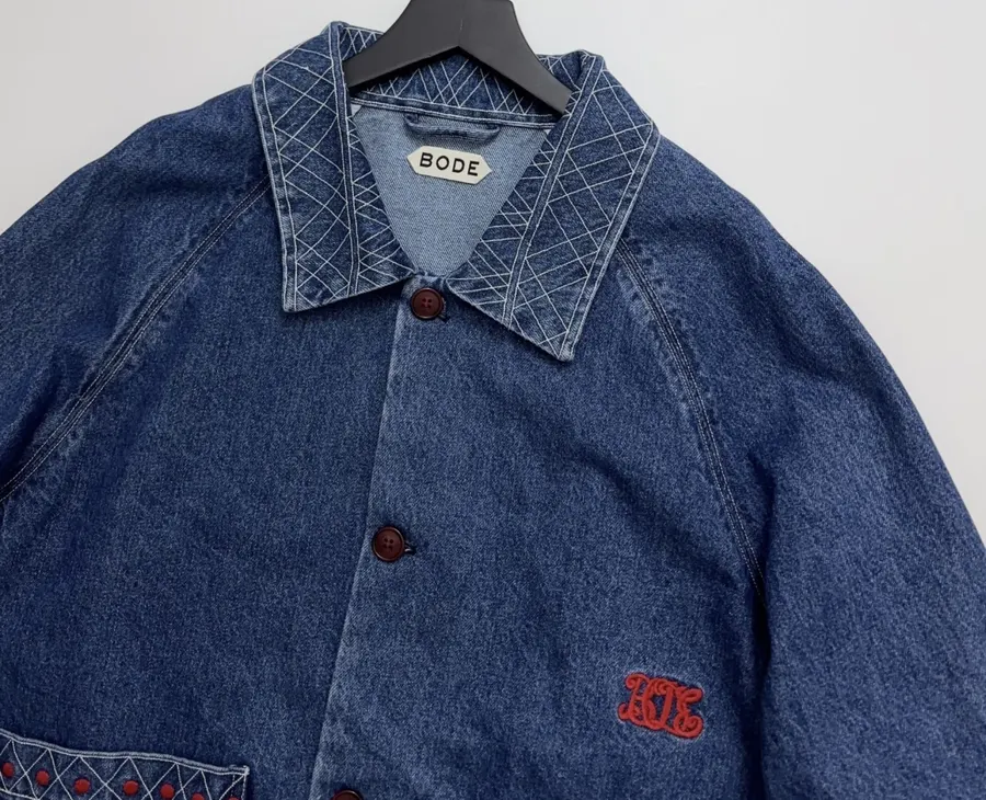 Embroidered Washed Relaxed Denim Jacket in Denim Blue, product view 02