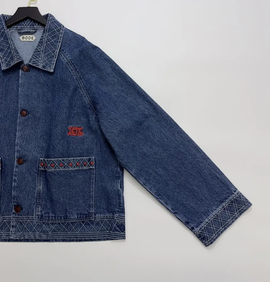 Embroidered Washed Relaxed Denim Jacket in Denim Blue, product view 04