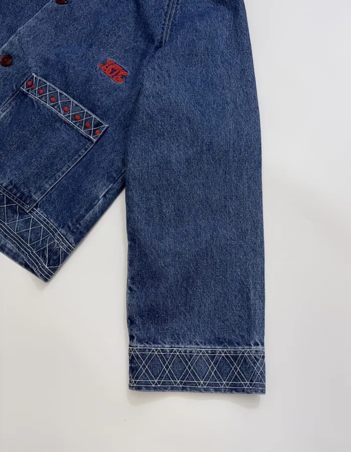 Embroidered Washed Relaxed Denim Jacket in Denim Blue, product view 05